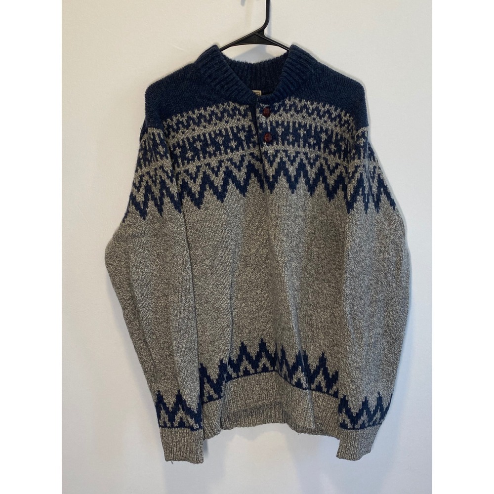 LL Bean Mens Lambswool Fair Isle Mock Neck Button Sweater Grey Navy M Tall